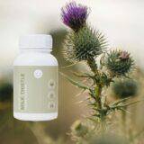 A bottle o=f Nordens Milk Thistle and a milk thistle flower